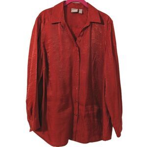 Chico's Blouse Size 2 Red Metallic Long Sleeve Button Up Solid Viscose Blend